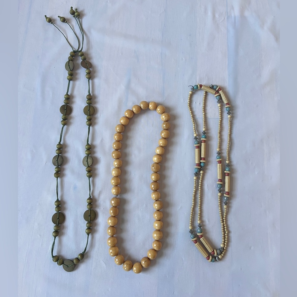 Vintage Wood beaded Boho necklace Handcrafted Lot of 3 Retro 70s/80s